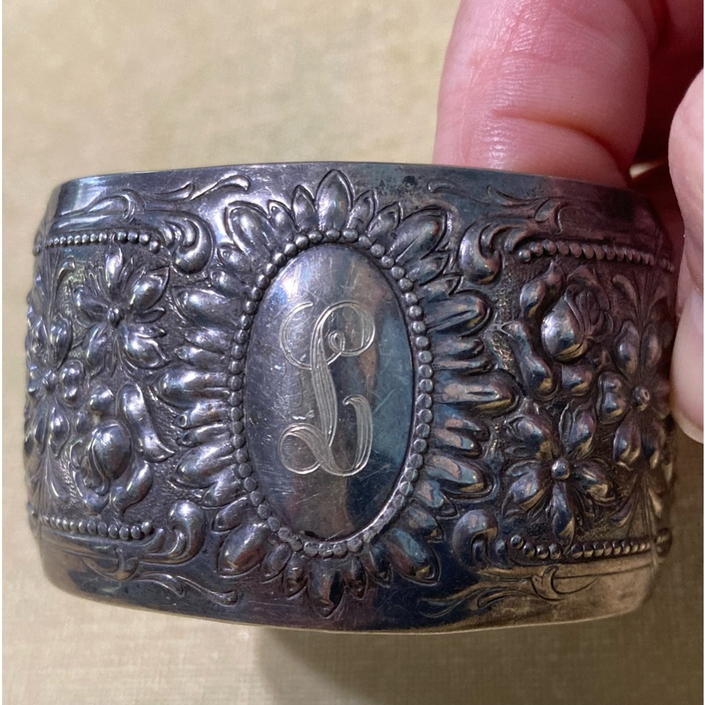 E.J. Towle Vintage Sterling Silver Floral Repousse Wide Cuff Bracelet